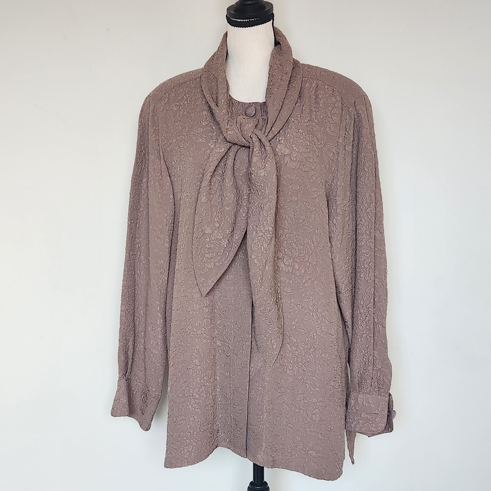 Vintage Silk Madeleine 80s 90s Neck Tie Shoulder Pads Blouse Tunic Tan Brown